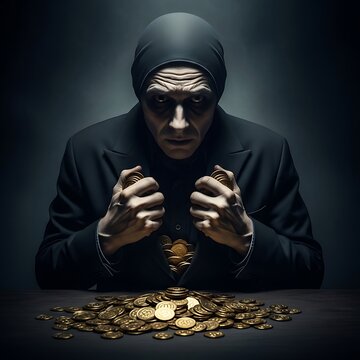Greedy man clutching gold coins in dark room