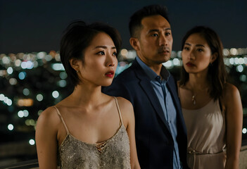 Obraz premium Three asian adults on a rooftop at night with city lights in the background, social gathering and urban lifestyle, the group appears to be engaged in a social gathering or business event