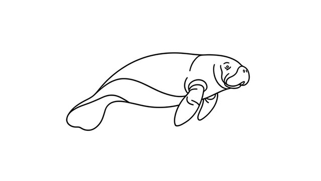 Manatee line drawing illustration white background.