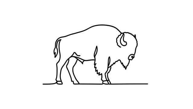 Minimalist bison line art drawing white background.