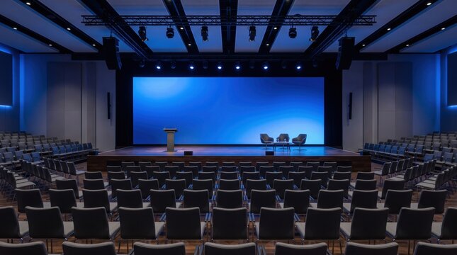 Modern conference hall with empty stage and blue screen, professional auditorium interior for corporate events, large seminar room with rows of chairs