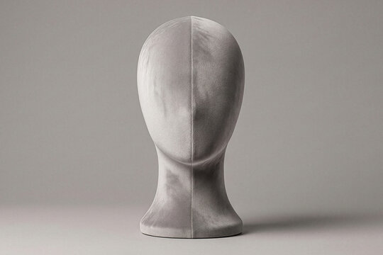 Light grey velvet faceless mannequin head display stand on a matching background