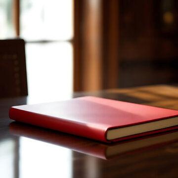 Closed red notebook on a reflective surface