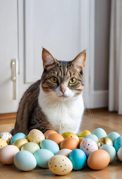 Tabby cat with green eyes sitting behind a colorful pile of speckled easter eggs on a wooden floor