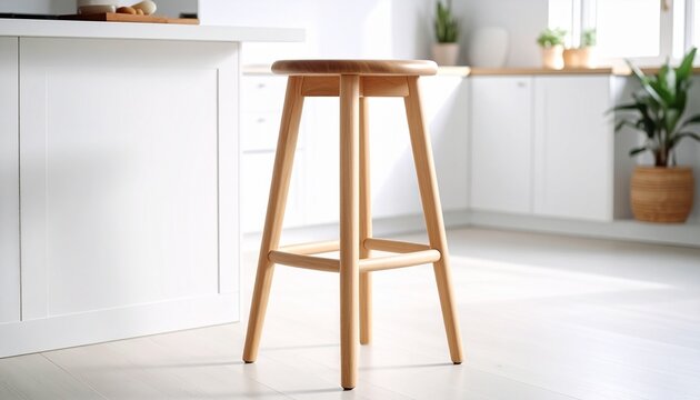 Minimalist wooden stool in modern kitchen. Single light wood seat for home decor. Stylish natural oak step stool with sleek mid-century design for...