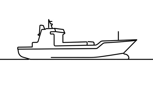 Simple black line drawing of a ship white background.