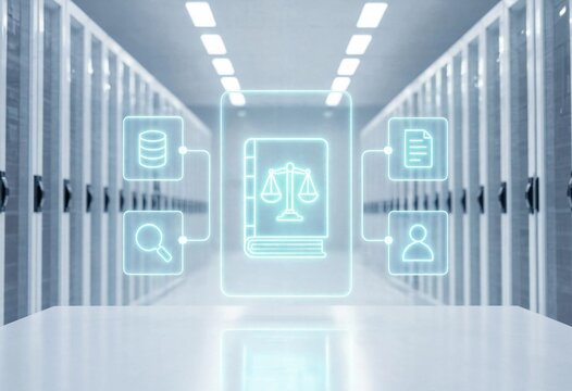 Neon scales of justice with digital book icon and secure data storage representing legal technology, cyber law, compliance, privacy, cloud security, and governance.