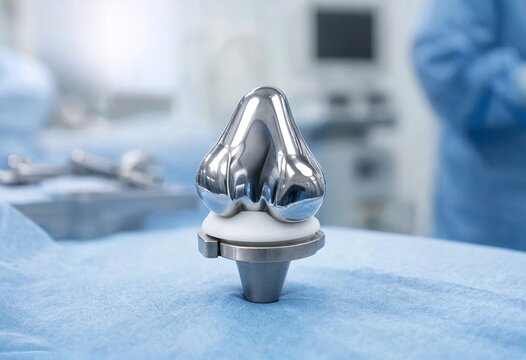 Orthopedic knee replacement implant components arranged on sterile surgical tray for arthroplasty, showcasing precision engineering, advanced medical technology, hospital preparation, and prosthetic.