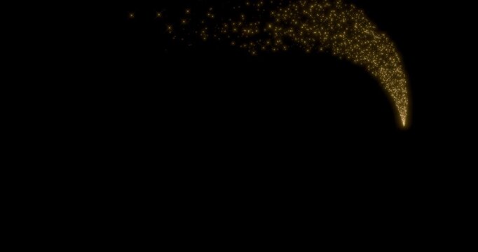 Glittering gold particle trails flying in black background. Sparkling light streaks glow dust effect. 4K 3D rendering loop animation.