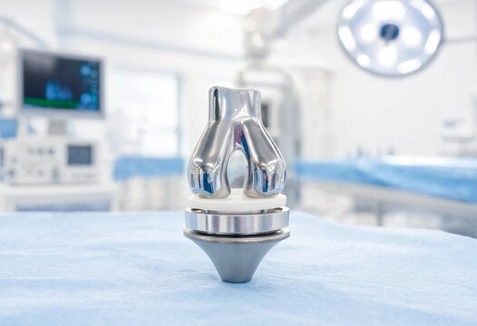 Orthopedic knee replacement implant components arranged on sterile surgical tray for arthroplasty, showcasing precision engineering, advanced medical technology, hospital preparation, and prosthetic.