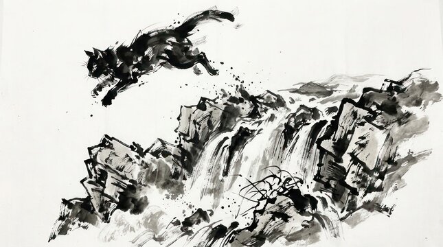 Black cat jumps over waterfall ink painting