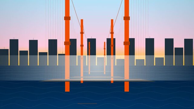 Minimalist vector illustration of a red suspension bridge at sunset