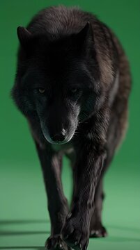 Intense black wolf portrait walking forward on a green screen background showcasing powerful predatory instincts and a captivating gaze for wildlife documentaries or creative projects