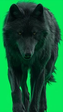 Intense black wolf portrait with piercing yellow eyes walking towards camera against a vibrant green screen background perfect for compositing and creative projects