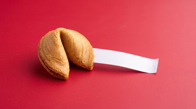 Traditional fortune cookie with blank paper slip on red background, golden brown crispy cookie, conceptual image for luck and future predictions