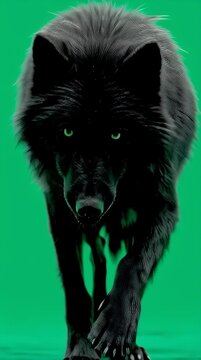 Intense black wolf walking forward on a vibrant green screen background powerful predator portrait showcasing strength and wild beauty for creative projects