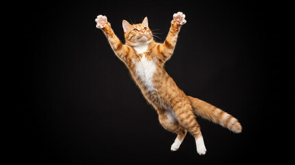 Fototapeta premium Ginger tabby cat jumping against black background.