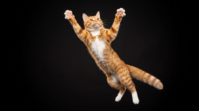 Ginger tabby cat jumping against black background.