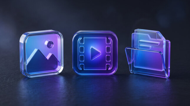 Glass 3D media player and folder icons on dark surface.