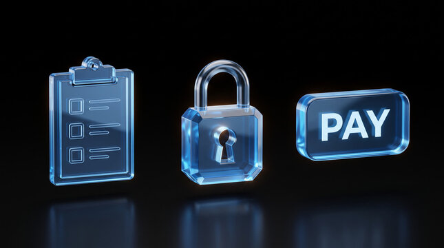 Glass 3D icons for secure payment and digital checklist verification.