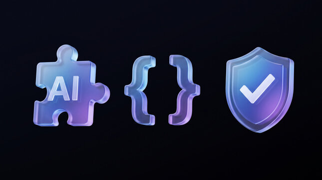 Glassy technology icons including AI puzzle piece coding brackets and security shield.