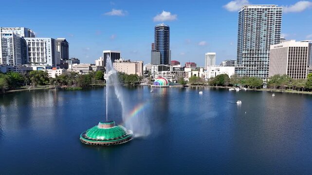 Still shot of a rainbow in the fountain at Lake Eola in downtown Orlando in Orange County, Florida.