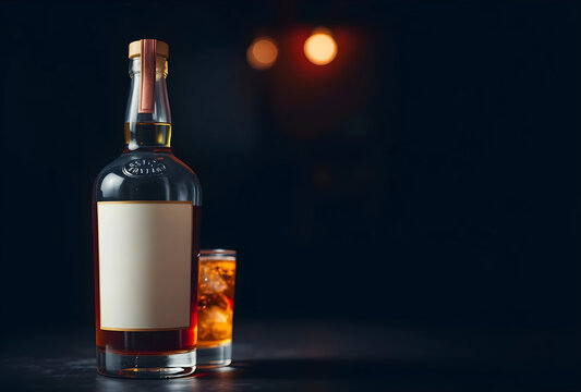 Whiskey bottle with blank label and glass of ice on a dark background with bokeh lights, copy space