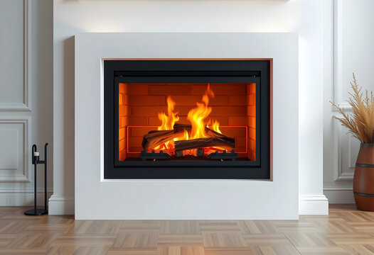 Modern white fireplace with burning logs and bright orange flames in a contemporary living room interior, the minimalist design features a clean white mantel and a black firebox