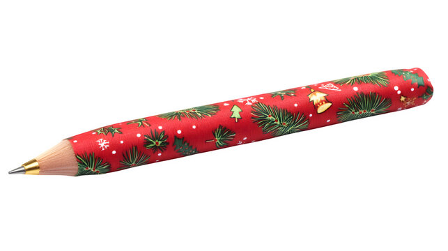 Pencil decorated with a festive holiday print featuring pine branches and golden bells sits diagonally on a plain white background, highlighting a seasonal and decorative writing instrument for.