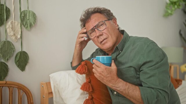 Man seated on bed holding blue coffee mug, hand touching temple and clutching a tasseled cushion inside building; quiet contemplation.