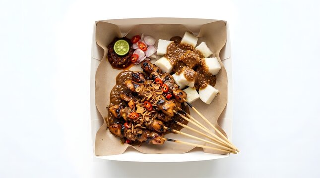 Delicious traditional chicken satay skewers with peanut sauce and rice cakes inside a paper box.