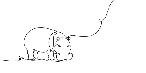 African hippo drawn in elegant continuous line technique. Minimalist safari wildlife silhouette showcasing hippopotamus outline. Ideal for nature-inspired art and logo projects.