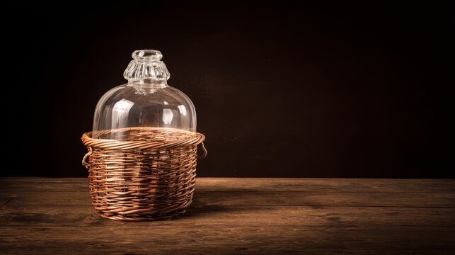 Glass carboy in wicker basket, traditional home beverage vessel.