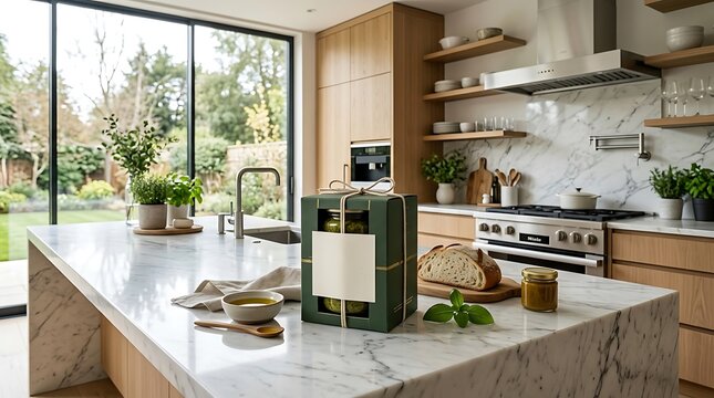 Beautifully arranged gourmet gift set presented on a modern kitchen island with a marble countertop and a large window overlooking a garden