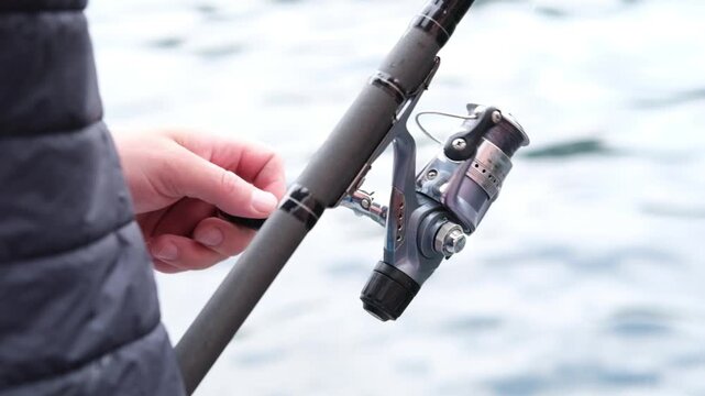 Person holding fishing rod with spinning reel, adjusting line tension while standing by the water's edge, rippling surface visible in the background