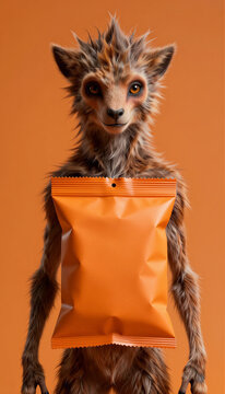 Furry fantasy creature holding blank orange packaging mockup