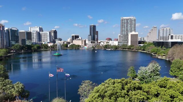 Flying by Lake Eola in downtown Orlando in Orange County, Florida.