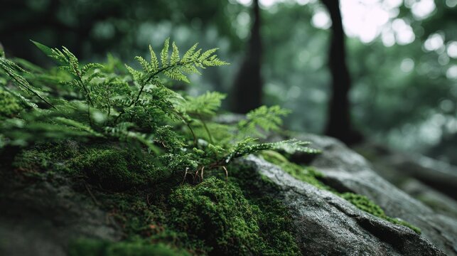 Lush green moss and vibrant ferns growing on a moist tree trunk in a dense forest setting
