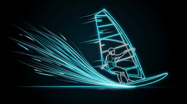 Dynamic glowing windsurfer silhouette speeding across midnight waters with neon motion trails with illuminated vibrant neon light trails against deep dark background
