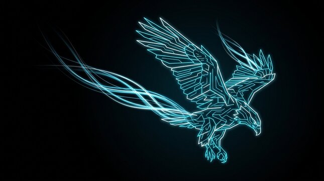 Futuristic cybernetic eagle dive glowing neon digital artwork high tech design with rendered intricate geometric lines neon light effects against dark background