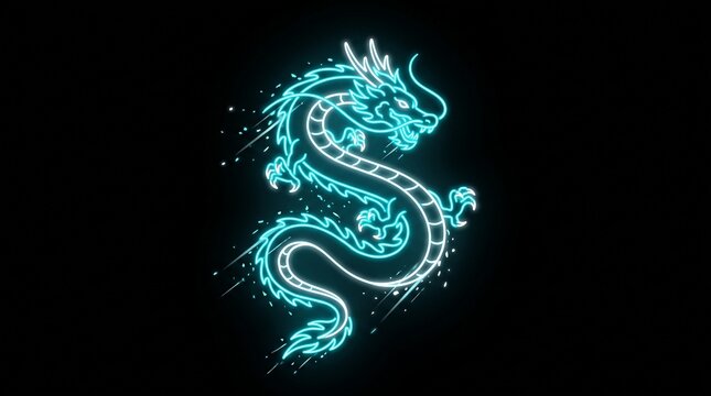 Ethereal glowing dragon artwork soaring against dark background modern digital illustration with evoking futuristic mystical atmosphere intricate linework trailing light effects