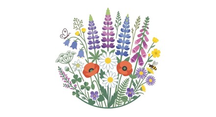 Fototapeta premium Modern Colorful Botanical of a Diverse Flower Bouquet with Butterflies and Bees in a Natural Style