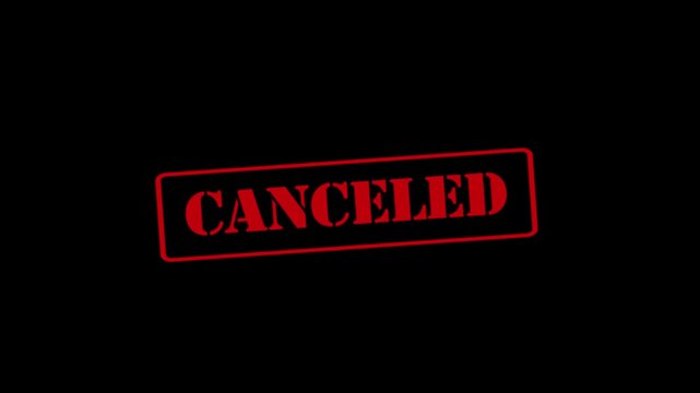"CANCELLED" stamp animation, black background, 4K video