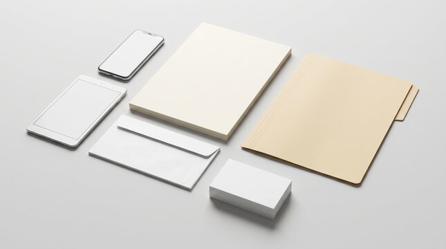 Minimalist corporate identity mockup set, professional stationery branding elements on grey background, clean office supplies and digital devices