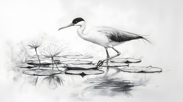 Jacana monochrome illustration bird walking on lily pads image