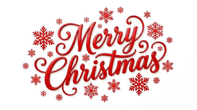 Elegant red glitter merry christmas text design with decorative snowflakes isolated on a white background for holiday greeting cards