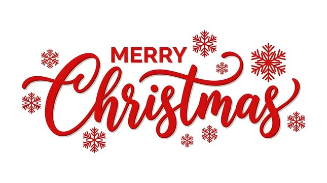 Elegant merry christmas text design with red calligraphy font and decorative snowflakes on a clean white background