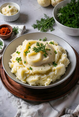 Naklejka premium Creamy mashed potatoes with gravy and fresh chives in a bowl on a wooden plate, comfort food