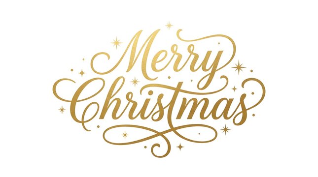 Elegant gold calligraphy merry christmas lettering design with decorative sparkles isolated on a clean white background for holidays