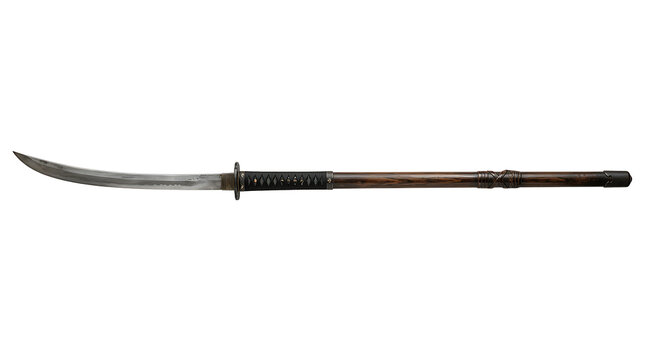 Traditional Naginata Pole Weapon Isolated on a Plain White Background